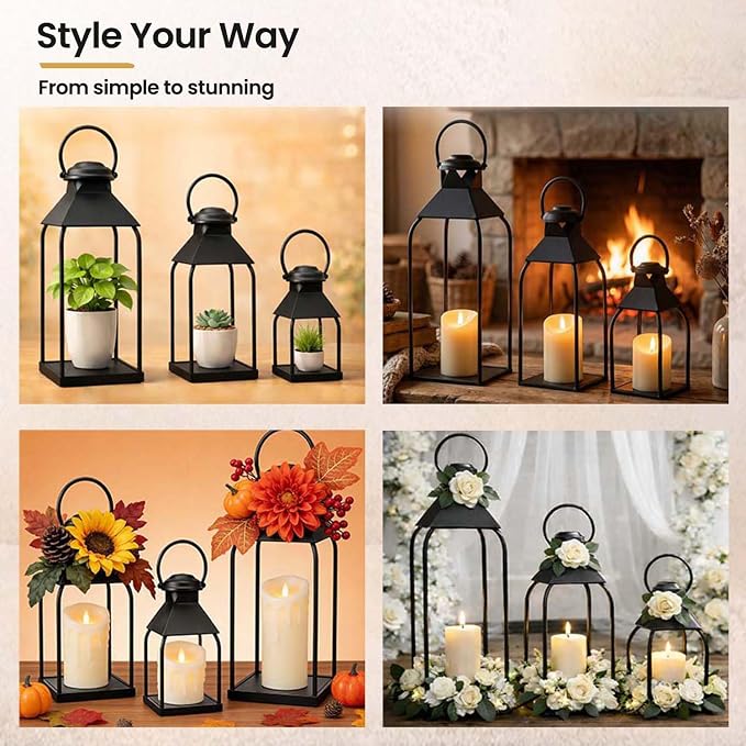 Decorative Metal Lanterns Indoor Outdoor, Set of 3 Outdoor Candle Holder | Candle Holder for Porch, Patio, Fireplace, Floor, Wedding & Christmas, Party Decoration, Holiday Table Centerpiece