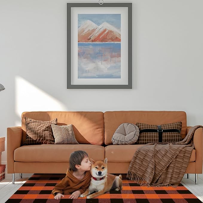 Buffalo Plaid Area Rug, Checkered Rug 27.5x43 Inches, Black and Orange Rug, Washable Cotton Mat for Front Porch, Entryway, Kitchen, Living Room, Halloween Decor