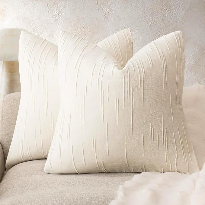 Foindtower Pack of 2 Slubby Textured Chenille Throw Decorative Pillow Covers Square Accent Solid Cushion Cover Cozy Soft Farmhouse Pillow Case for Couch Sofa Bedroom Living Room 20x20 Inch,Cream White