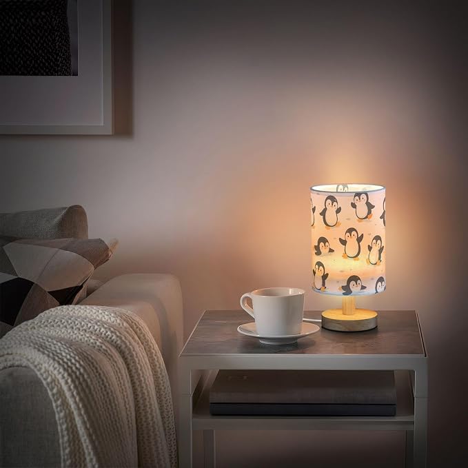 Bedside Lamp Cute Penguins Table Lamp for Bedroom LED Nightstand Lamp Shade USB Ports Wood Base for Living Room Dorm Office