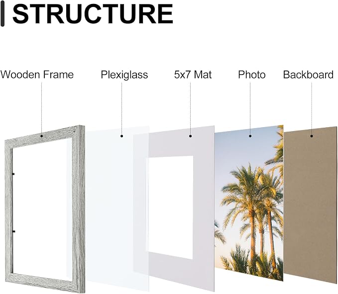 Vittanly 8x10 Picture Frames Set of 9 for Wall or Tabletop Display, Grey | Display Pictures 5x7 with Mat or 8x10 without Mat, Small Photo Frames, Engineered Wood with Shatter Resistant Plexiglass