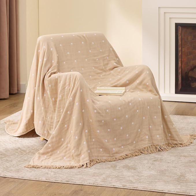 100% Cotton Boho Throw Blanket for Home Decor – Classic Farmhouse Quilt Bedding, Muslin Blankets for Adults, Vintage Woven Decorative Blanket for Couch, Bed Layering Use, Classic Dotted, 60"x80"