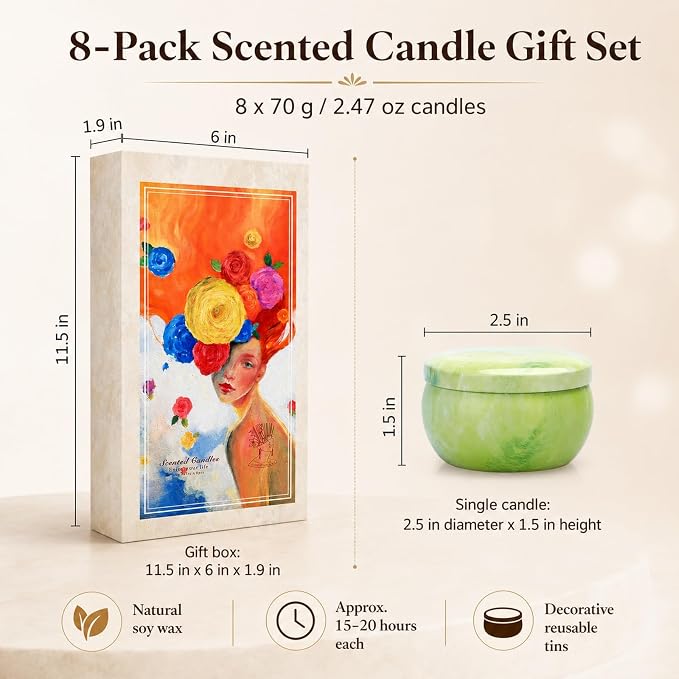 Scented Candles Gift Set, 8 Pack Soy Wax Blend Candles, 70 g Metal Candle Cans with Pastel Marble Cloud Pattern, 8 Assorted Fragrances, Reusable Iron Containers for Home Decor and Gifts