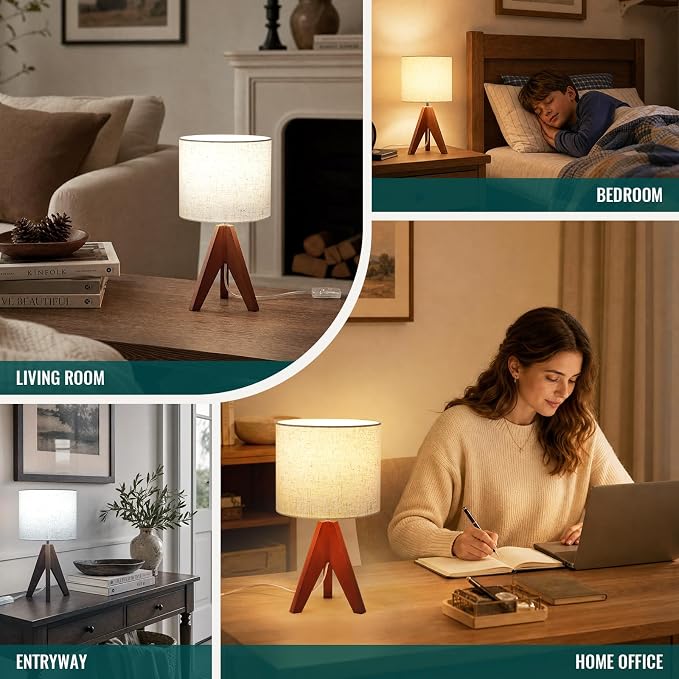 Siljoy 14.2'' Tripod Table Lamp, Small Bedside Nightstand Lamp, E26 Base