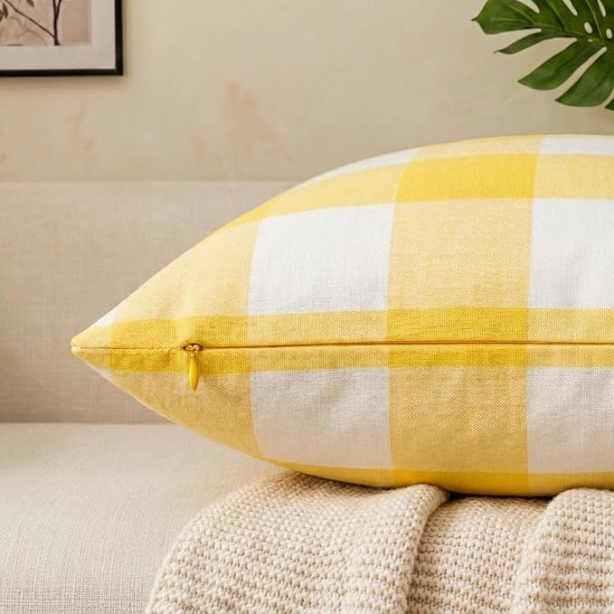 Yellow and White Summer Outdoor Buffalo Plaid Pillow Covers 18x18 Set of 2, Yellow Outdoor Decorative Patio Throw Pillows 18 x 18, Buffalo Check Pillow Covers for Patio Furniture (No Pillow Inserts)