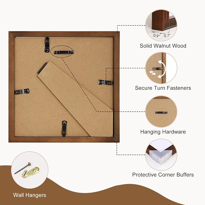 8x8 Picture Frame, Solid Walnut Wood Photo Frames with HD Real Glass