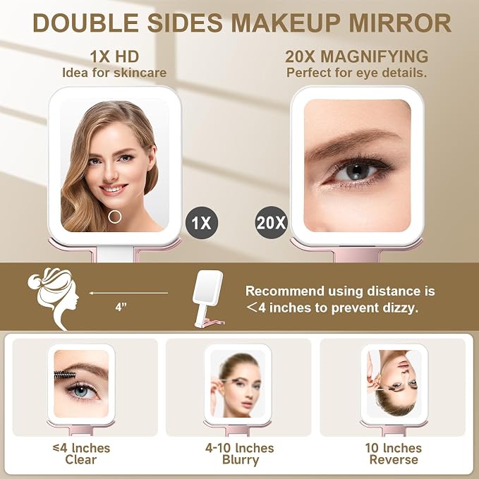 Mocado Travel Makeup Mirror with Light, 1x/10x Magnifying Mirror With Light, 3 Colors Lighted Magnifying Mirror, 2000mAh Rechargeable Lighted Makeup Mirror, Dimmable Touch, Memory Function (Rose Gold) | Double Sided Travel Mirror with 3 Color Light,Dim...