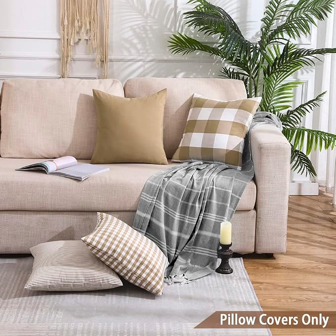 Farmhouse Brown Buffalo Check Fall Plaid Throw Pillow Covers 18x18 Set of 4 | Set of 4 Fall Plaid Pillow Covers 18 x 18, Cottage Core Decor, Vintage Brown Fall Pillows, Neutral Christmas Pillow Covers