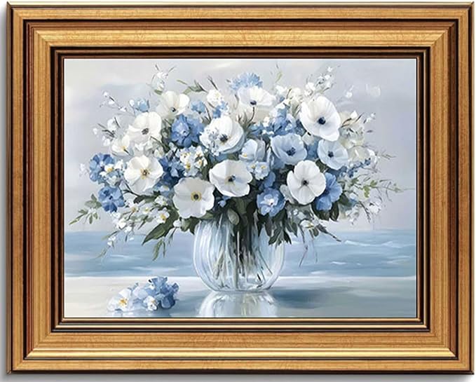 Rienkhu Gold Frame Vintage Flowers Canvas Wall Art Blue Beach Pictures Blossom Bathroom Wall Decor Modern Blue Ocean Background Artwork Prints Hanging in Office Dining Room Kitchen Bedroom 9x11in