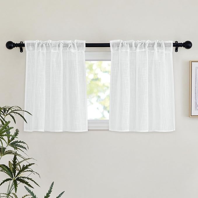 NICETOWN Semi Sheer Short Curtains for Kitchen 24 inches Long, Rod Pockets & Back Tab Linen Blend Privacy with Light Filtering Small Window Treatments for Nursery/Cafe, W29 x L24, 2 Panels, White