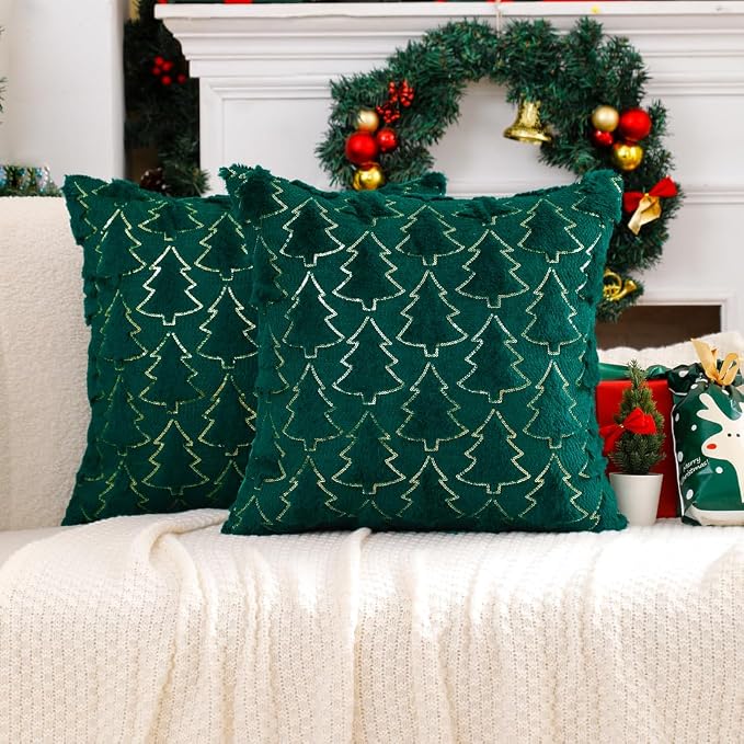 VAKADO Christmas Throw Pillow Covers 18x18 Set of 2 Embroidered Decorative Xmas Couch Cushion Cases Holiday Soft Home Decor for Bedroom Sofa Chair Porch Winter, Green