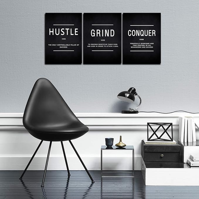KAWAHONE Grind Hustle Conquer Wall Art, Success Canvas Painting Wall Decor Motivation Poster Framed Inspiration Quotes Picture Positive Wall Hanging for Home Office Workplace -16" Wx 24" Hx 3 PCS