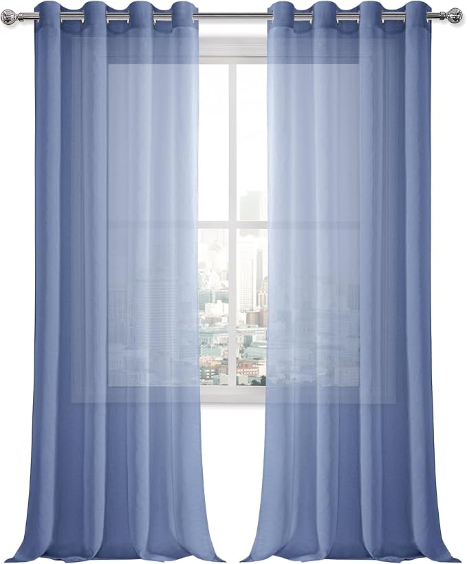 DWCN Sheer Curtains for Living Room Bedroom - Faux Linen Look Voile Drapes Grommet Top Window Curtain Panel 52 x 95 Inches Long, Dusty Blue, Set of 2 Panels