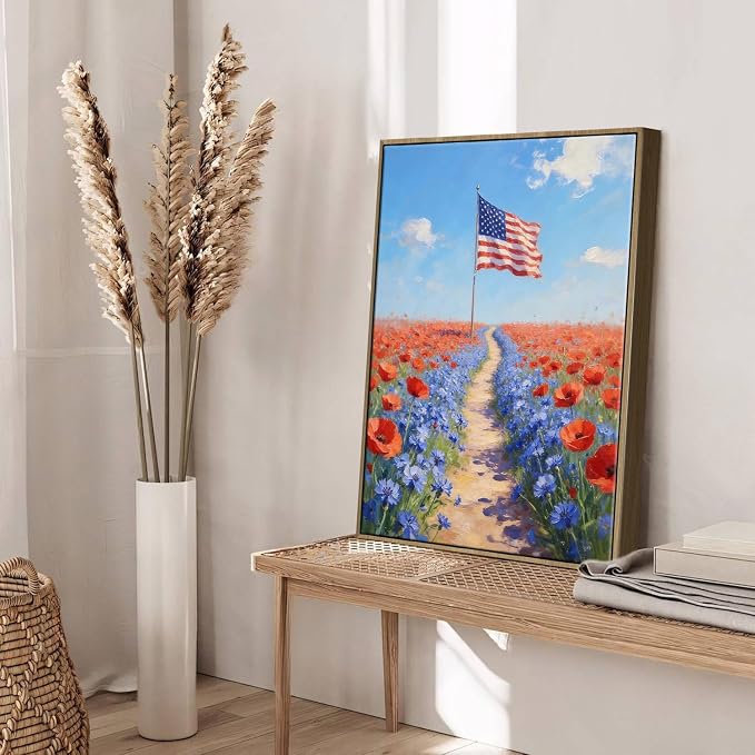 American Flag Framed Canvas Wall Art, 4th of July Patriotic Canvas Prints | Wildflower Field Landscape Poster Print, Vintage Rustic Independence Day Wall Decor for Bedroom Living Room 24×36in