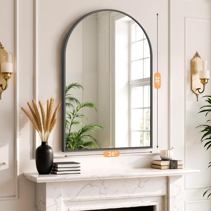 Bathroom Mirror for Wall, 38x26 Inch Arched Mirror, Matte Black Metal Framed Bathroom Vanity Mirrors for Restroom Farmhouse, Anti-Rust, Tempered Glass, Hanging or Leaning