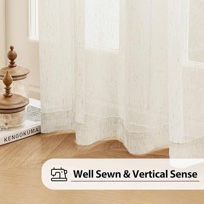 FMFUNCTEX Beige Linen Sheer Curtains, 54 Inches, 2 Panels for Bedroom | Natural Semi Sheer Drapes, Flax Linen, Rod Pocket, Light Filtering, Farmhouse French, Kitchen, Privacy, for Living Room