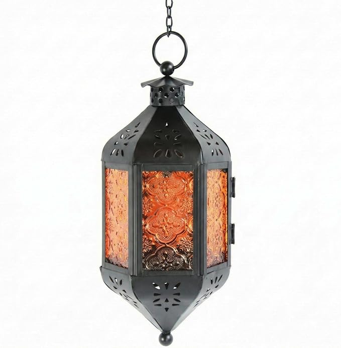 Vela Lanterns Hanging Moroccan Lamp - Exotic Decorative Patio & Porch Decor, Indoor Outdoor Tea Light Candle Lantern Holder with Chain (11" Medium, Amber/Orange Glass)