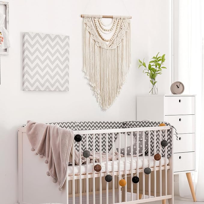 Beige Macrame Wall Hanging Handmade Tapestry with Chic Wooden Beads Tassels