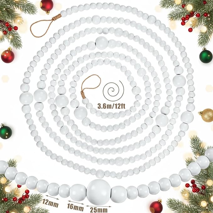 12 Feet Summer Christmas Wooden Beads Garland Round Craft Farmhouse Vintage Christmas in July Wood Bead Garlands for Xmas Supplies(White)