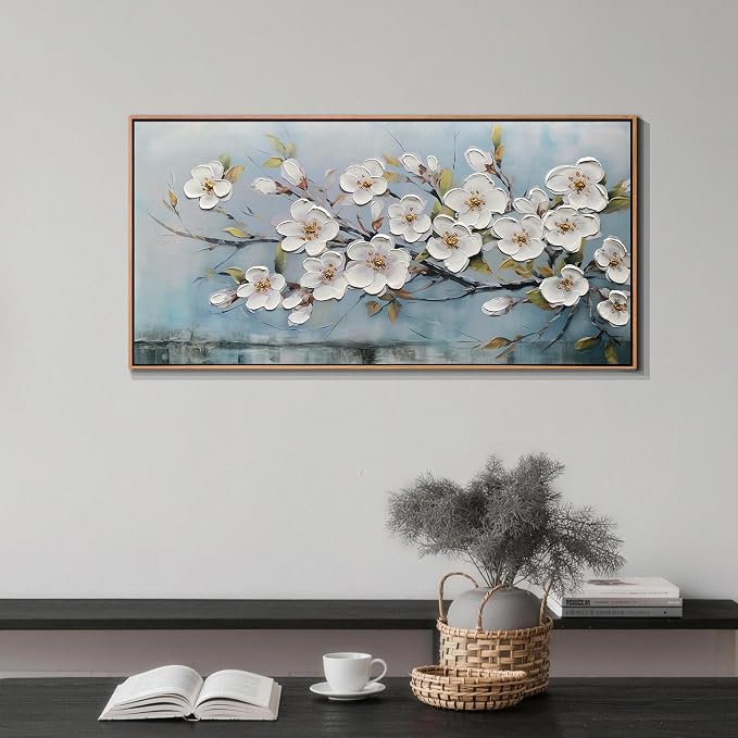 Anolyfi Framed Large Cherry Blossom Textured Flowers Wall Art for Living Room Canvas Painting, Modern Elegant Landscape Artwork for Bedroom Hallway Kitchen Office Home Decor, Wood Framed 40"x20"