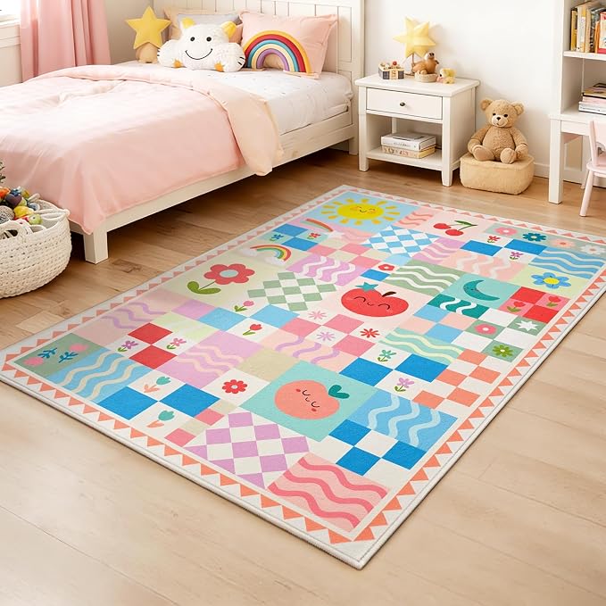 Washable Pink Area Rugs for Bedroom Girls, 4x6 Soft Checkered Playroom Carpet with Cute Sun & Rainbow Fruit Design, Non-Slip Decorative Floor Mat