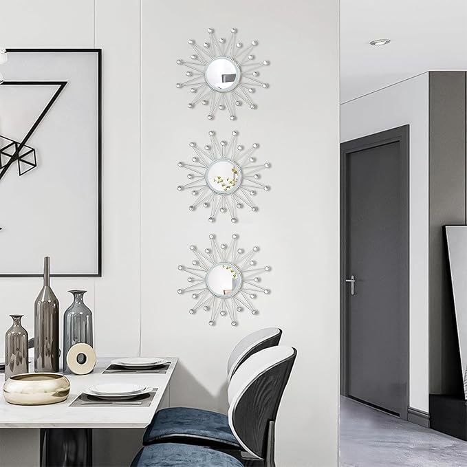 Uaussi 3 Pack Crystal Sunburst Wall Mirror Décor Rhinestone Mirrors Decorative Home Wall Art for Living Room Bedroom Entryway(Triangle Burst Silver)