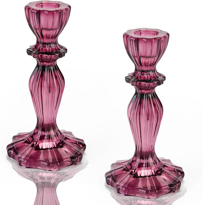 Glass Candle Holders, 2PCS Wide Base Candlestick Holder Decorative Candle Stand Table Centerpieces for Halloween Christmas Wedding Birthday Party, Dark Purple