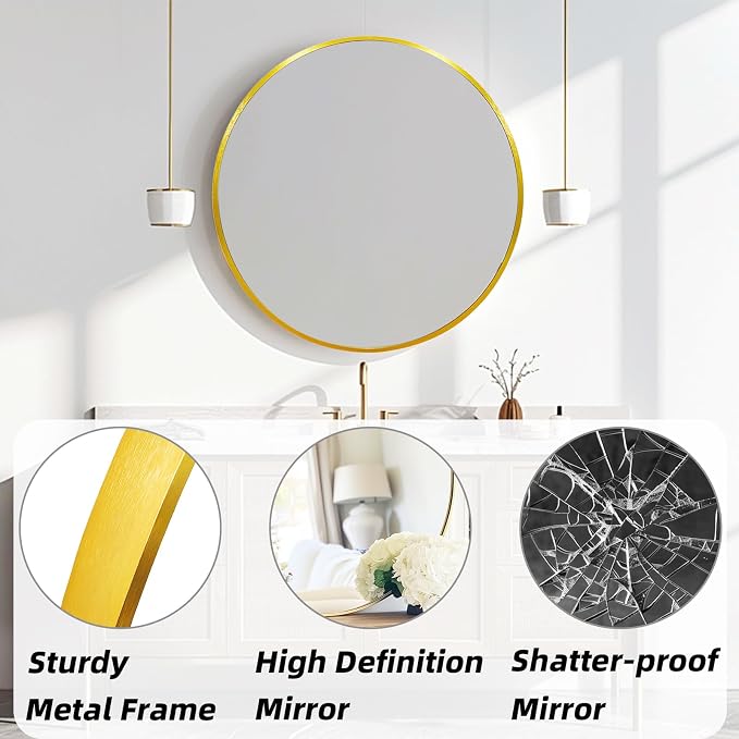 Gold Circle Mirror 24 inch, Round Mirror, Brushed Gold Metal Frame | Circular Decorative Wall Mirrors for Bathroom, Bedroom, Entryway, Living Room, Hallway, Over Sink, Vanity,Golden,Brass,Rustic