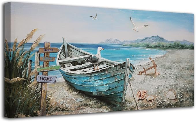 Anolyfi Nautical Wall Art Decor Coastal Artwork for Living Room 40"x20" | HD Print and Hand-painted Textured, Easy to Hang, Durable Colorfast, Blue Boat Beach Paintings for Hallway Home Decor