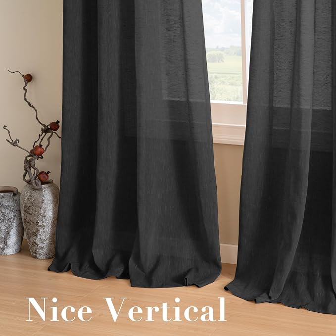 H.VERSAILTEX Linen Curtains Natural Blended Curtain Panels for Living Room/Light Reducing Linen Semi Sheer Curtains 96 inch Length 2 Panels Set Nickel Grommet Window Panels, 52" x 96", Black