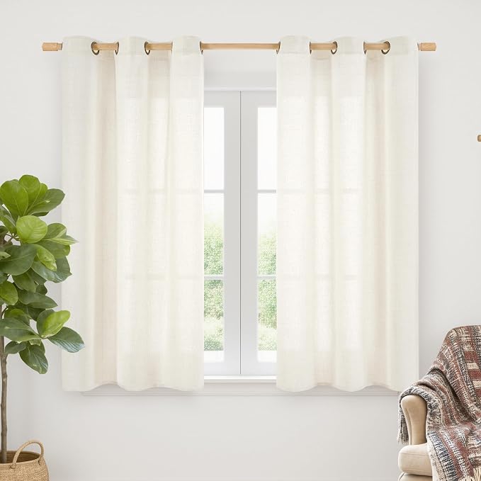 YoungsTex Ivory Linen Kitchen Curtains 40 Inch Length 2 Panels | Short Semi Sheer Drapes Light Filtering with Bronze Grommet for Cafe Bathroom Window, 42 x 40 Inch
