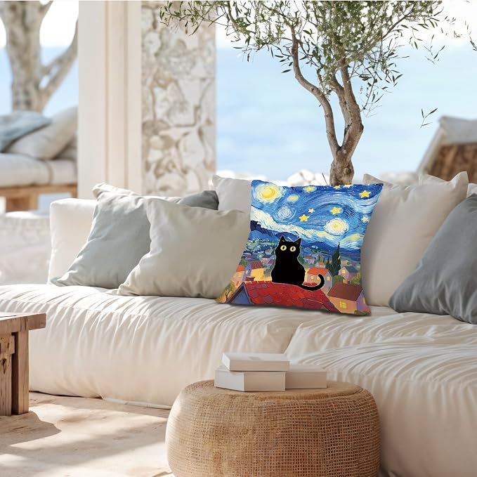 Funny Black Cat Pillow Covers 18x18, Black Cat Gifts for Women, Rustic Whimsical Starry Night Kitten Decorative Throw Pillow Covers Pillowcases for Home Bedroom Living Room Decor