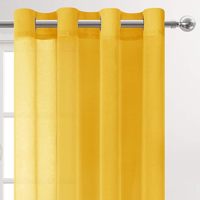 DWCN Yellow Faux Linen Sheer Curtains - Grommet Voile Window Curtain Drapes for Bedroom Living Room 52 x 95 inches Long, Set of 2