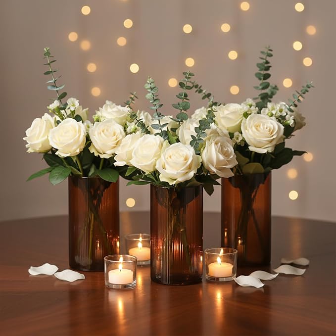 Amber Glass Cylinder Vases for Centerpieces - 6 Inch Tall Flower Vases for Wedding & Fall Decor, Floating Candle Holders for Table Centerpieces, Set of 6 Pcs