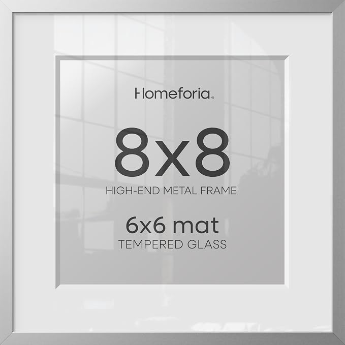 Homeforia 8x8 Silver Picture Frame, High-End Metal, 6x6 Mat, Glass