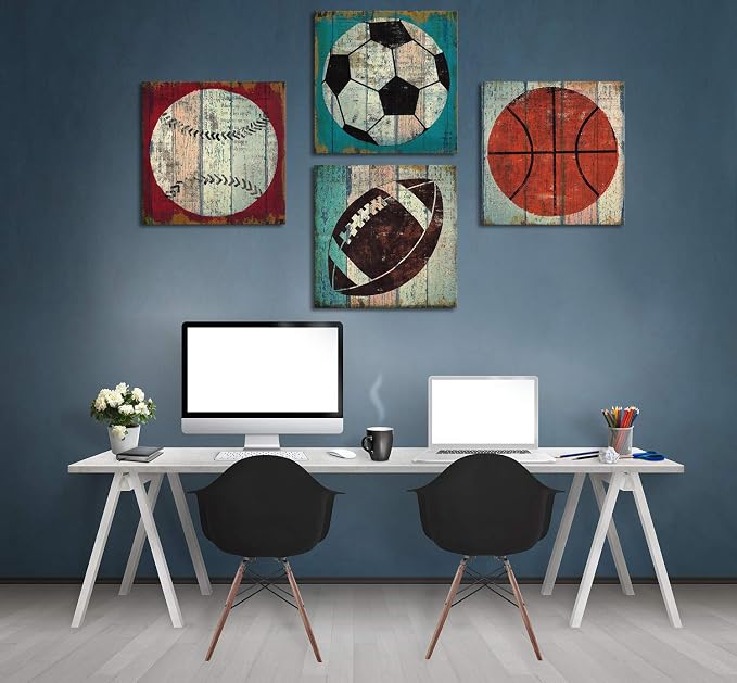 Rustic Soccer Football Baseball Basketball on Vintage Wood Grain Floor Fine Art Canvas Prints Sports Decor Soccer Nursery for Kids Boy Room Decoration Wooden Framed Modern Artwork Poster 24x24 4pcs