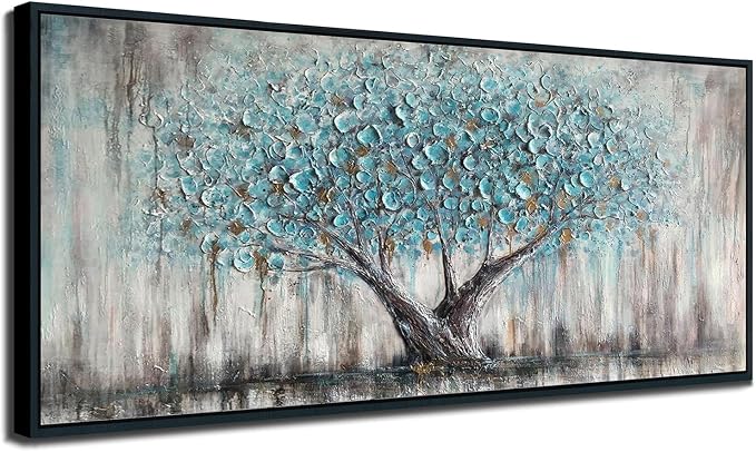Arjun Framed Blue Tree Extra Large Tree of Life Canvas Wall Art 71"L x 32"W | Bedroom Hand Painted Textured Painting Living Room Nature Picture Oversize Panoramic Landscape Artwork Home Office Wall Decor