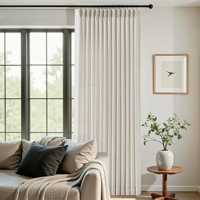 Pinch Pleated Linen Curtains 96 Inches Semi Sheer Light Filtering, 2 Panels | Pleat Curtain for Living Room, Memory Shape Linen Blend Curtains Floor to Ceiling, with Hooks Rings, Cream Beige Natural, W40