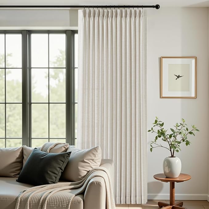 IVAPUPU Pinch Pleated Sheer Linen Curtains Light Filtering for Living Room | Semi Sheer, Pinch Pleat, Linen Blend, with Hook Rings, Ceiling to Floor, Extra Long, Cottage, 40x108, Cream Natural, 2 Panels