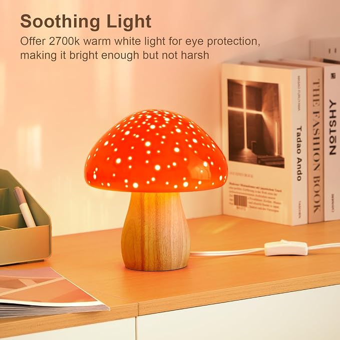 BOHON Mushroom Lamp Ceramic Bedside Table Lamp, Red