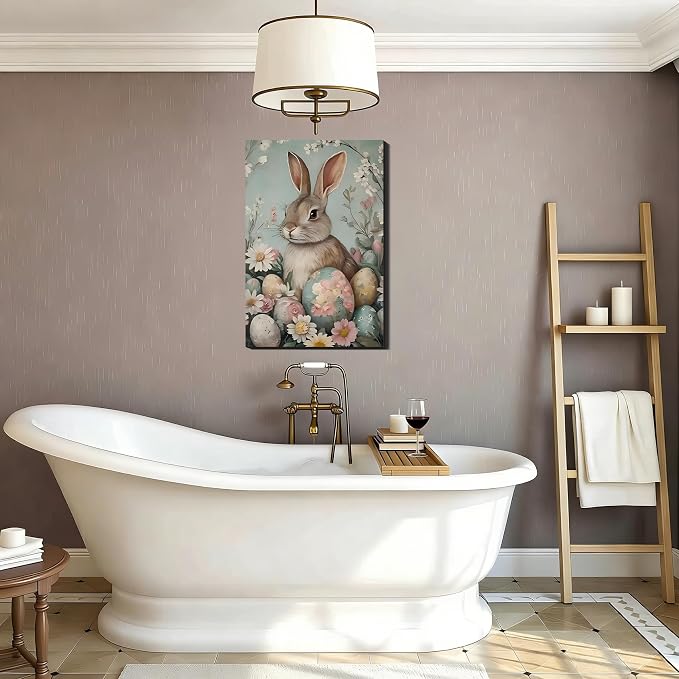 RIBNTAK Vintage Easter Bunny Eggs Wall Art, Colorful Rabbit Canvas Prints Wall Decor for Bedroom, Living Room,Bathroom, Bar, Office Classic, Rabbit Pictures Artwork & Farmhouse Easter Decor