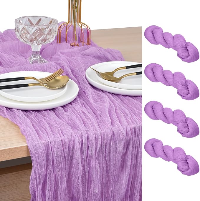 Lilac Cheesecloth Table Runner Cheese Cloth Wedding Birthday Party Decor | 10Ft Summer Rustic Boho Gauze Farmhouse Bridal Baby Shower Holiday Dining Tea Party Home Table Decorations 4 Pack