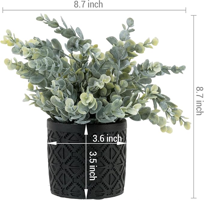 MyGift Artificial Eucalyptus Plant Black Concrete Pot Geometric, Set of 2