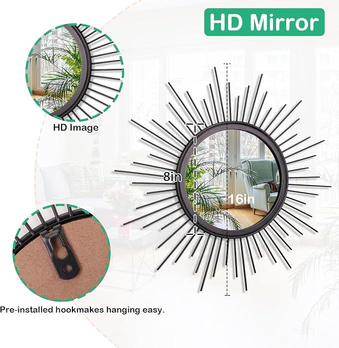 Black Sunburst Spoked Mirrors for Wall Boho Home Round Wall Art Mirror Classic Metal Modern Hanging Mirror Living Room Hallway Bathroom Bedroom Office Vanity Entryway 16"