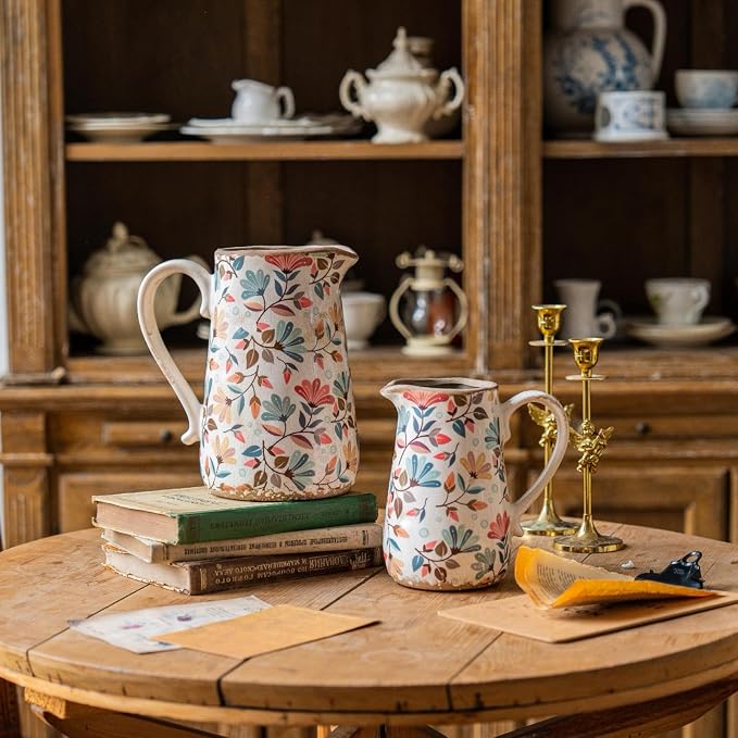 Vintage Colorful Flower Ceramic Vase with Handle, Retro Ice Glazed Crack Farmhouse Pitcher Vase for Home Decor, Living Room, Shelf, Office, Rustic Table Centerpiece 9 Inch