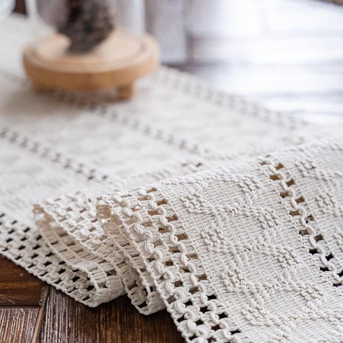 Macrame Table Runner Cream Beige Boho Table Runners with Tassels 12x36in | Alynsehom Hand Woven Cotton Table Runner Rustic Farmhouse Table Runners for Bohemian Kitchen Dining Table