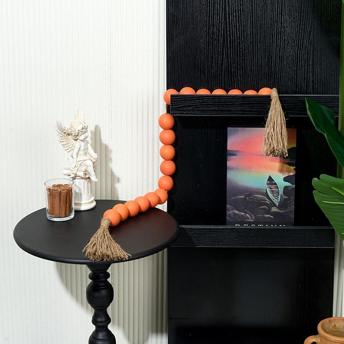 OMISHE Extra Large Wood Bead Garland Orange with 1.6" Diameter Wooden Beads and Tassels, 41" Long Rustic Farmhouse Country Decorative Beads for Home Tiered Tray Decor, Orange