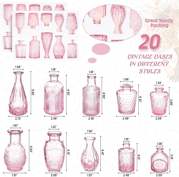 Inbagi 20 Pcs Glass Bud Vase Set - Pink Small Flower Vases Bulk, Vintage Embossed Decorative Bottles for Wedding Valentine Home Table Centerpieces Decor