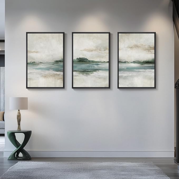 Framed Blue Green Abstract Landscape Wall Art, 3 Piece Set, Each 16x24 In | Soft nature lake pictures, Canvas prints, Wood frame, Modern wall paintings, Wall decor for living room bedroom dining room