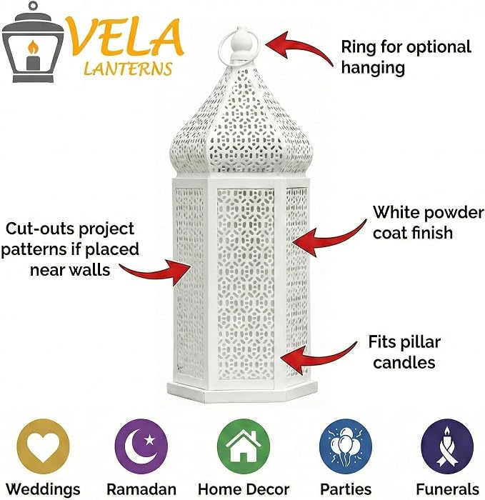 VELA LANTERNS Large Temple Tower Moroccan Lantern Lamp Decorative Candle Holders for Ramadan Decorations, Hanging, Outdoor Patio or Porch, Indoor Home Decor, Weddings, White, Set of 2